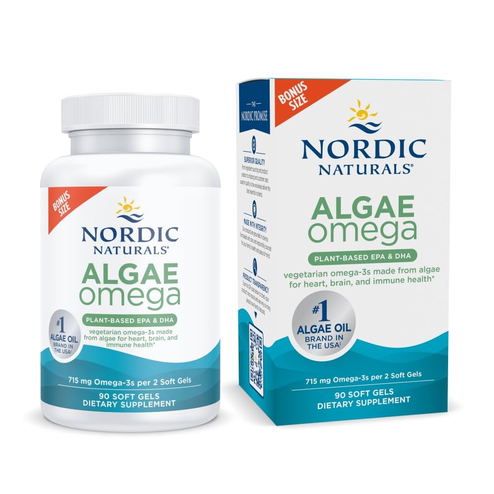 Algae Omega Nordic - 90 Soft Gels - 715 mg Omega- 3 - Sertifikasi Vegan Algae Oil - Plant - Based EPA & DHA - Heart, Eye, Immune & Brain Health - Non-GMO - 45 Serving