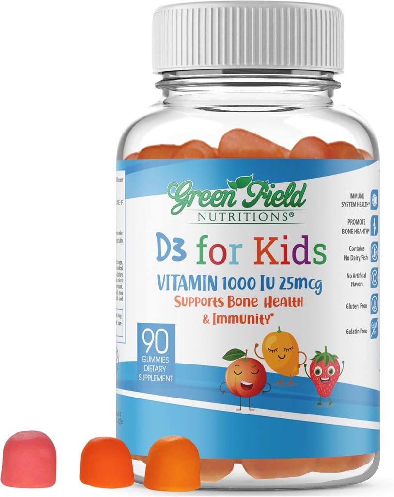 Nutres Greenfield Halal Vitamin D3 untuk Anak-anak - 1000 IU - 90 Gummies 124; Anak-Anak Chewable Vitamin D Support Bone dan Imune System 124; Non-GMO, Glatin- Free, Gluten- Free