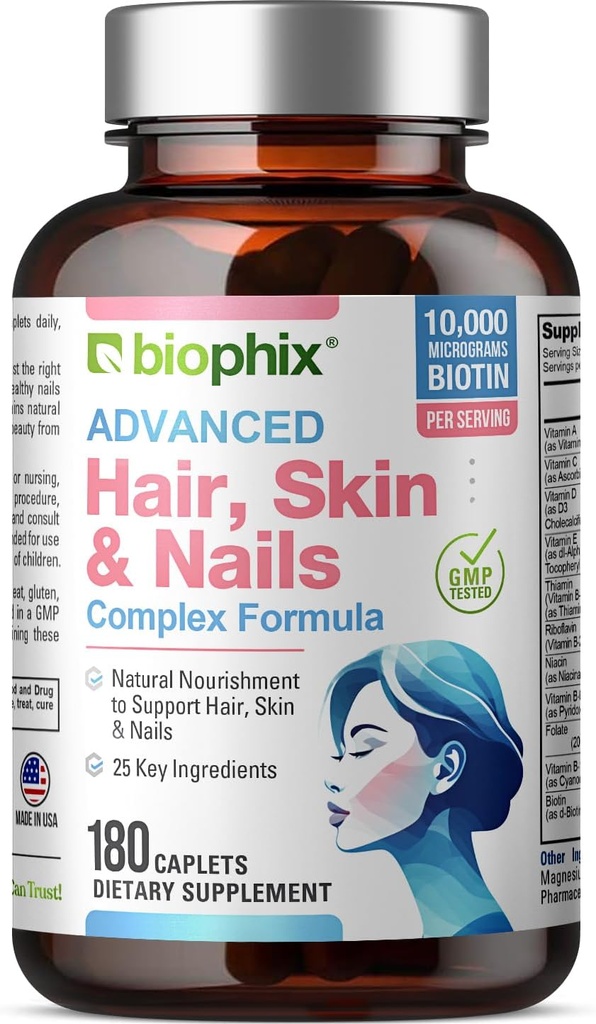biophix Hair Skin dan Nails Kompleks 180 Caplets dengan 10.000 mcg Biotin - Multivitamin Supports Strong Nails Beautiful Hair Healthy Aging