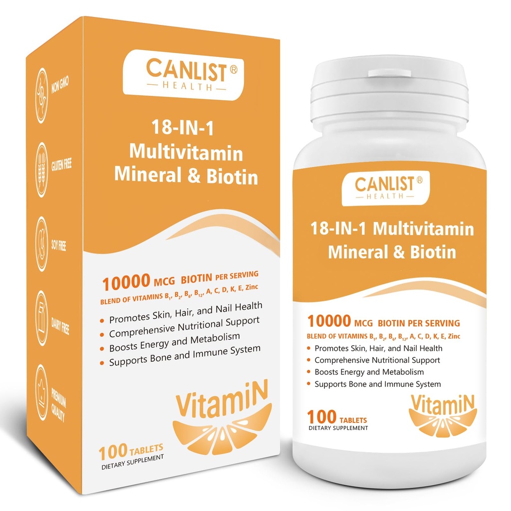 Rambut Skin dan Nails Multi- Vitamin untuk Pria & Perempuan, 1000mcg Biotine & Multimineral, Berisi B- Vitamin C, E & D3, Trace Mineral, Zinc, Gluten- Free, Dairy- Free, Soy- Free, 100 tablet