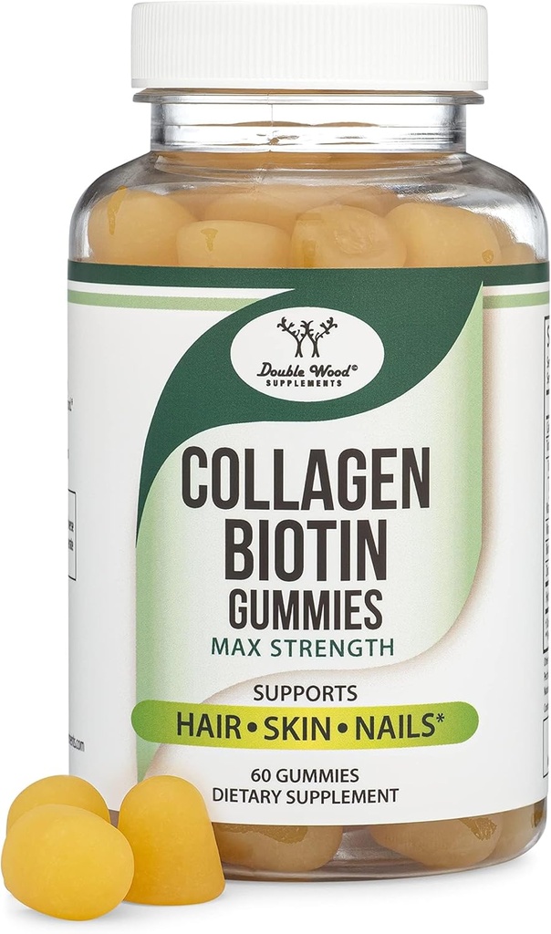 Collagen Gummies for Women Supports Aging (Max Power - Enhanced with Biotin, Vitamin C, Zinc, and Vitamin E (Panjang Umur untuk Perempuan dan Pria) 60 Rambut, Skin, dan Nails Vitamin (Non-GMO) oleh Double Wood