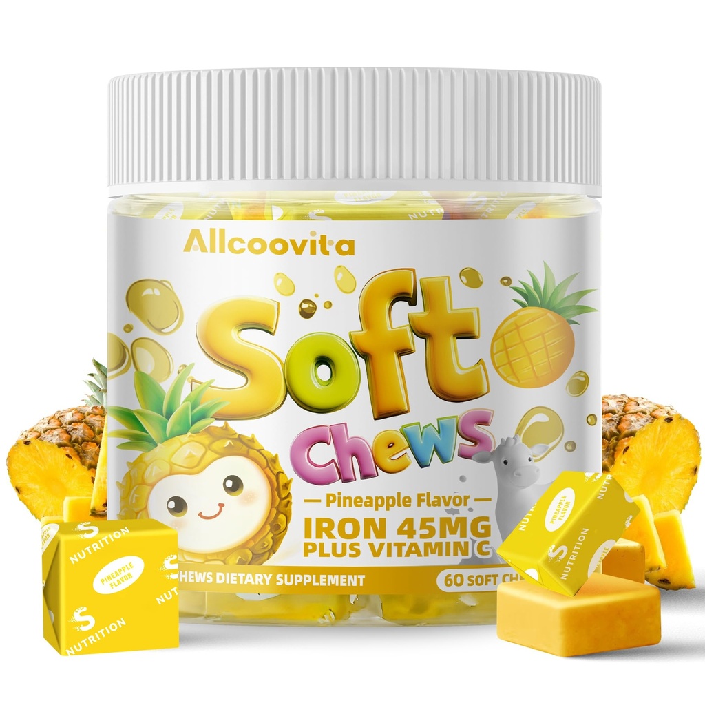 Iron Soft Chews Suplemen dengan Vitamin C 124; Pineapple Flavarored 124; Gluten Free Suppplemen Besi Pria dan Anak-Anak; 60 Count 124; 2 Pasokan Bulan