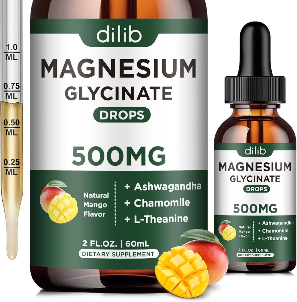 Magnesium Glycinate Suplement, Magnesium Liquid Drops dengan Magnesium Glycinate 500mg Ashwagandha, L - Theanine, Chamomile - Dukung Stress Relief, Bone, Muscle, Mood Vegan Flavor Alam