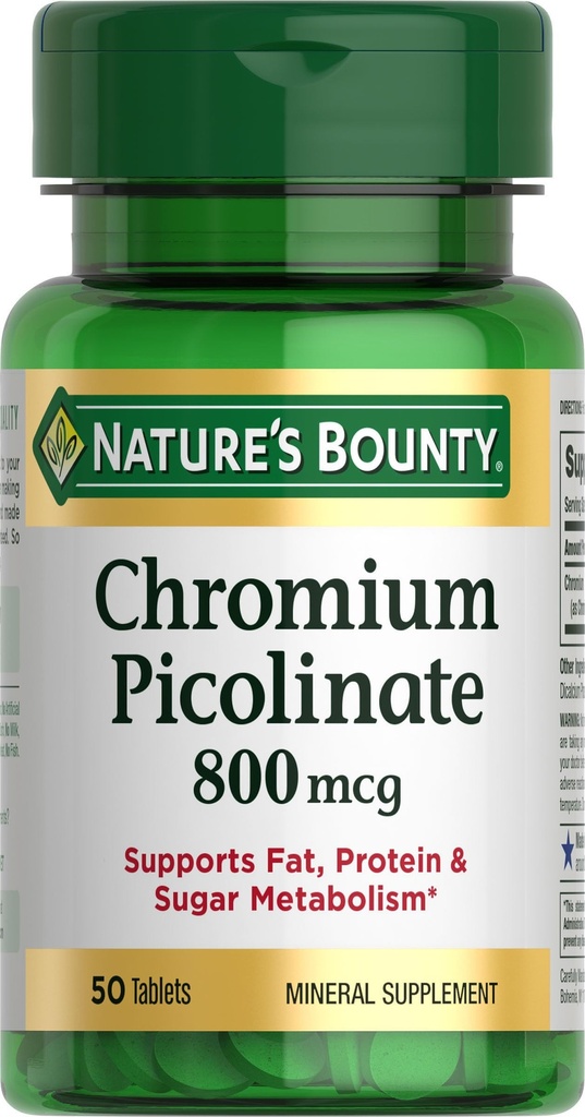 Nature 's Bounty Chromium Picolinate, Support Fat, Protein & Sugar Metabolisme, Mineral Suplemen, 800 mcg, 50 Tablet