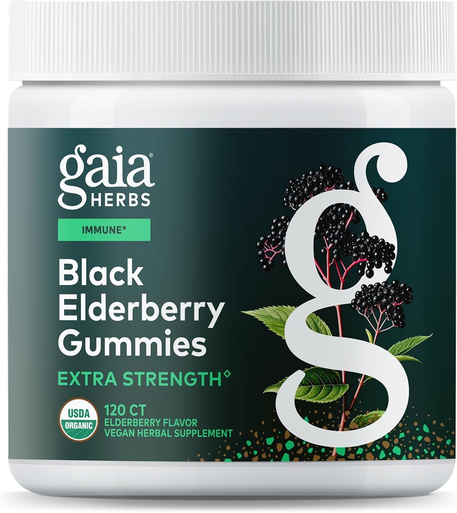 Gaia Herbs Black Elderberry (Sambucus nigra) Ekstra Kekuatan Gummies - Delicious Immune Supplement * - Dibuat dengan Sertifikasi Organ Black Elderberry untuk Dukungan Sistem Imune * - 120 Gummies