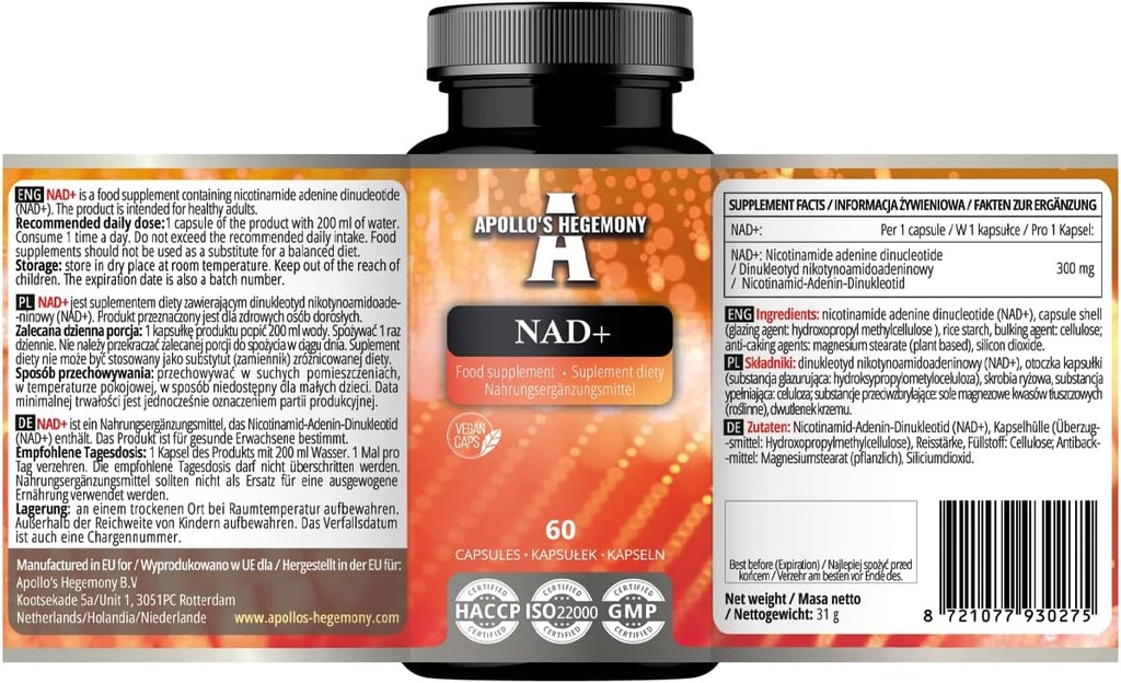 APollo 'S HEGEMONY NAD + 300 mg - Bentuk Koenzim Vitamin B3-60 Vegan Kapsul - 2 Bulan Suplai - Nicotinamide Adenine Dinucletide Diet Supplemen