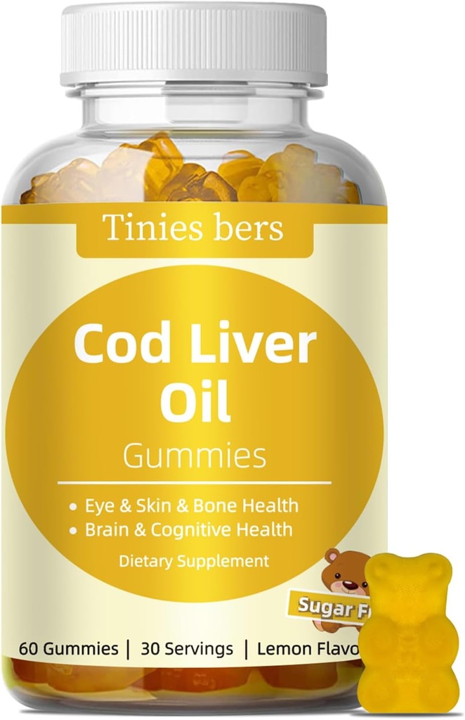 Cod Liver Oil Gummies 1000mg, Sugar Free for Dewata & Kid, Omega- 3s & Vitamin A & D for Brain, Cognitive, Heart & Eye, Bone Health, Gluten Free, Non GMO, Pectin, 60