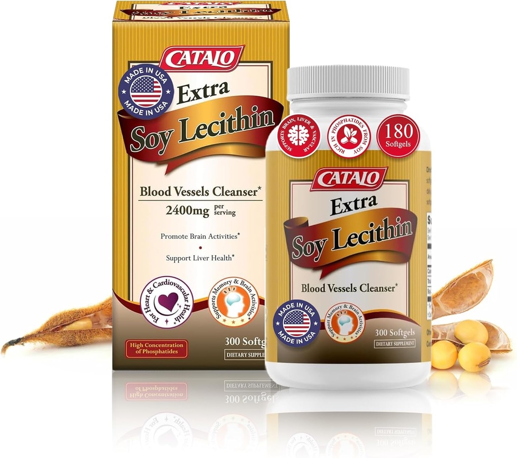 CATALO Extra Soy Lesithin Capsules - Blood Vessel Health, Brain Fungsi, dan Liver Wellness - Soy Lecipthin Tambahan untuk Dewasa, 300 Softgels