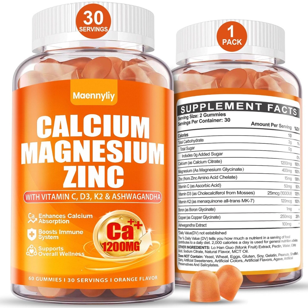 Kalsium 1200 mg dengan Vitamin D3 Gummies untuk Dewasa - Kalsium Citrat dengan Vitamin D3 K2, Magnesium, Zinc, Boron, Copper dan Ashwagandha - Tambahan Absorpsi Calcium Suplemen Perempuan