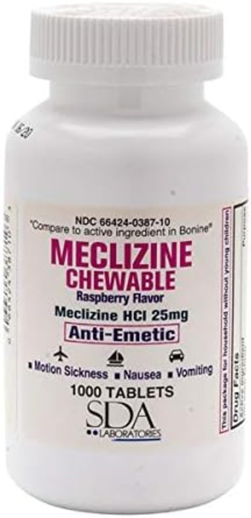 SDA LABORIES Mecklizine Pablets Chewable, 25mg, Antim, Raspberry Flavor, Motion Sickness & Vertigo Relief for Naussea, Disiness, and Vomiting, 1000 Count (1 Pack)