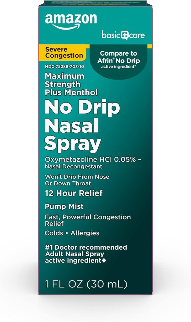 Kepedulian Dasar Tidak Ada Drip Prasing 12 Hour Decongestant Pompa Mist, Steroid Bebas, Maksimum Kekuatan Plus Menthol 1 fl oz (Paket 1)