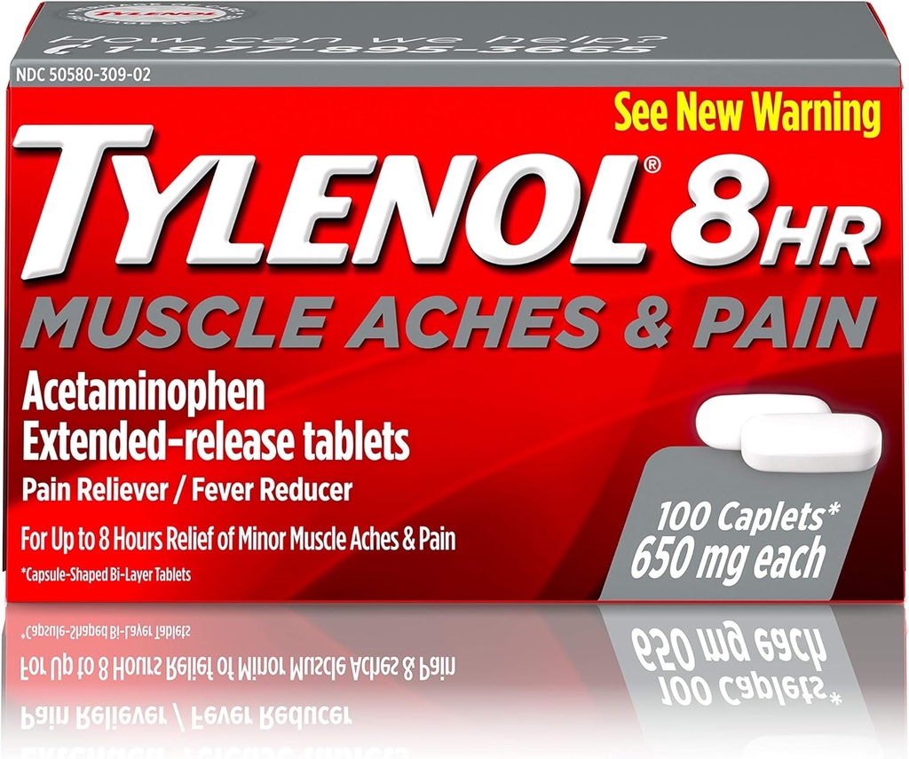 Tylenol 8 Hour Muscle Aches & Pain Acetaminopren Tablet untuk Muscle & Joint Pain, 100 ct