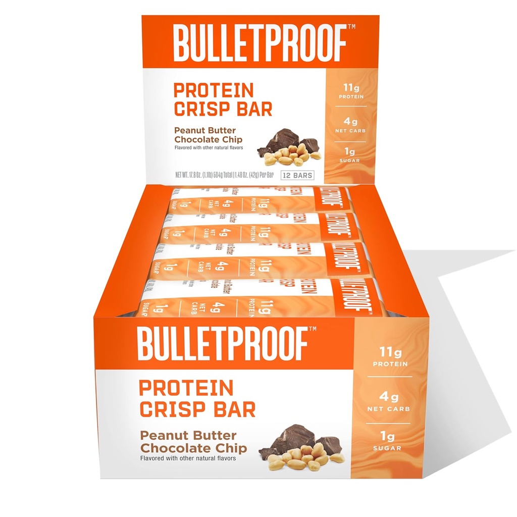 Protein anti peluru Crisp Bars, Peanut Butter Chocolate Chip, 12 Pack, Protein Tinggi, Gula Rendah