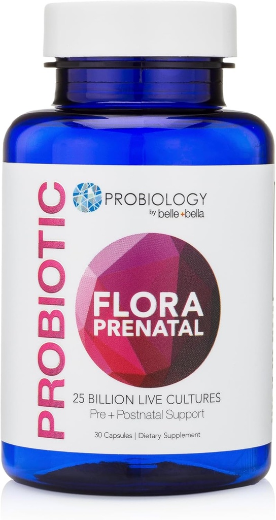 Belle + bella Probiology Flora Prenatal Capsules - Dual Action Probiotic Suplemen & Prebiotic with Folic Acid for Prenatal & Postnatal Women - Non-GMO, Vegan & Gluten Free - 30 Caps