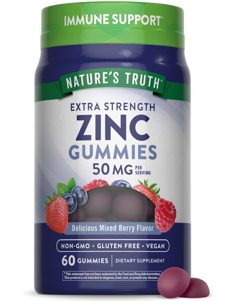 Nature 's Truth Zinc Gummies untuk Orang Dewasa 124; 50 mg = 124; 60 Count 124; Vegan, Non-GMO & Glten Free Extra Strength Supplement = 124; Mixed Berry Flavor