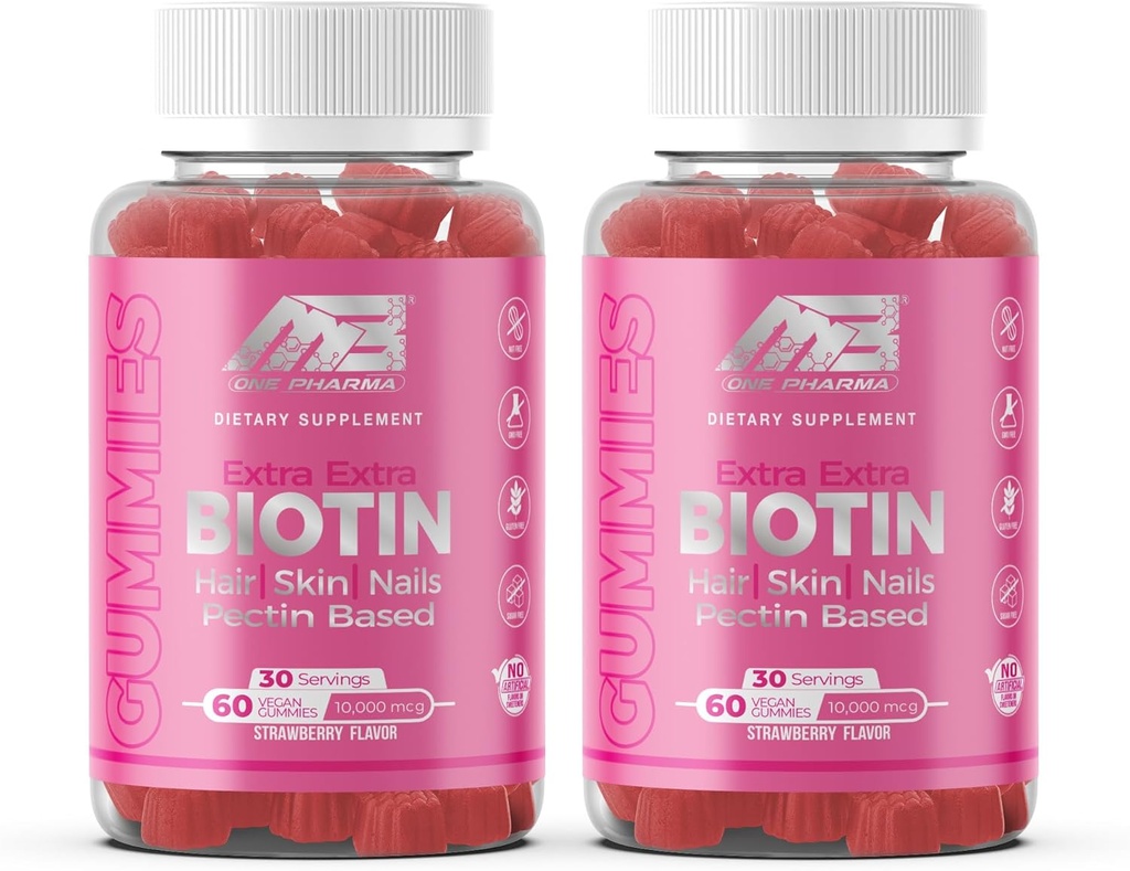 MB One Biotin Mimies- High Potency- Heally Hair, Skin and Nails Strengthening, Vitamin B7, (10.000 McG) Non-GMO, Pectin Plant Based, untuk Anak-anak dan Dewasa, Strawberry Natural Flavor 2 Pack