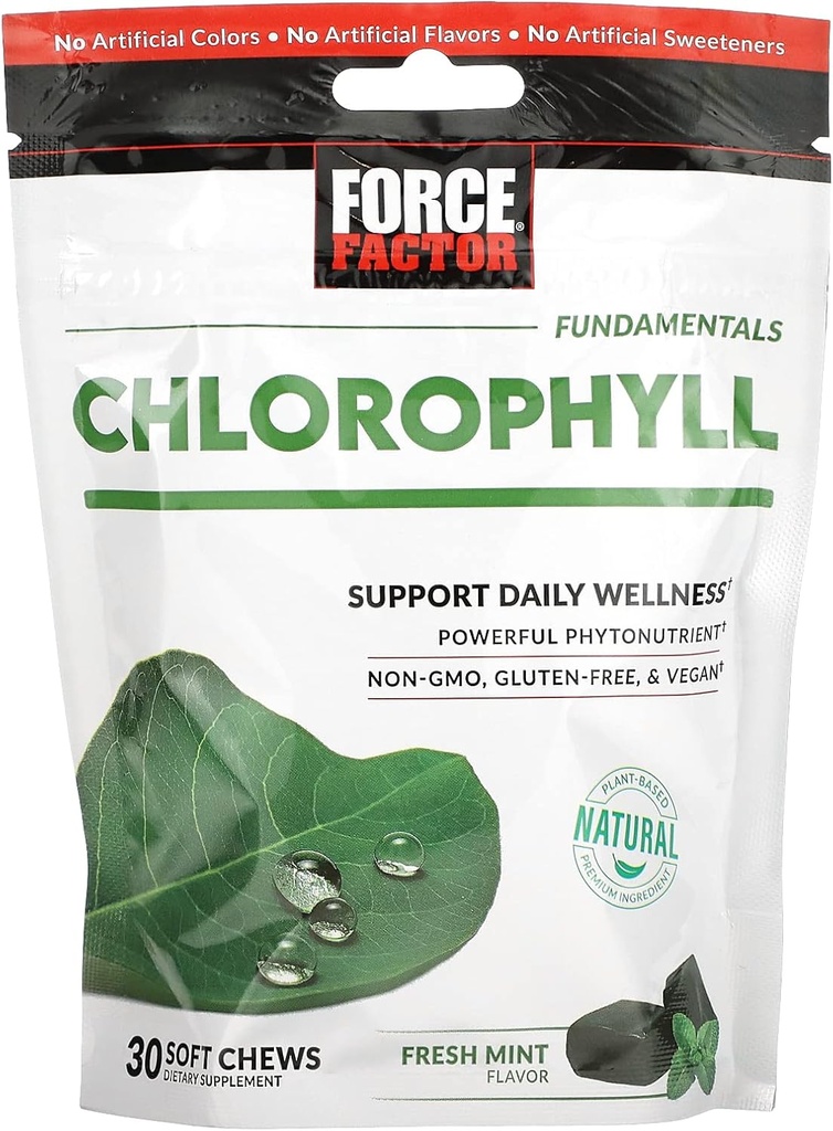 FORCE FacTOR Chlorofil Soft Chews Antioxidants Supplement Supppply Body Odor, Procept Fresh Breath, Non-GMO, Gluten- Free, dan Vegan, Segar Mint Flavor, 30 Soft Chews, Green