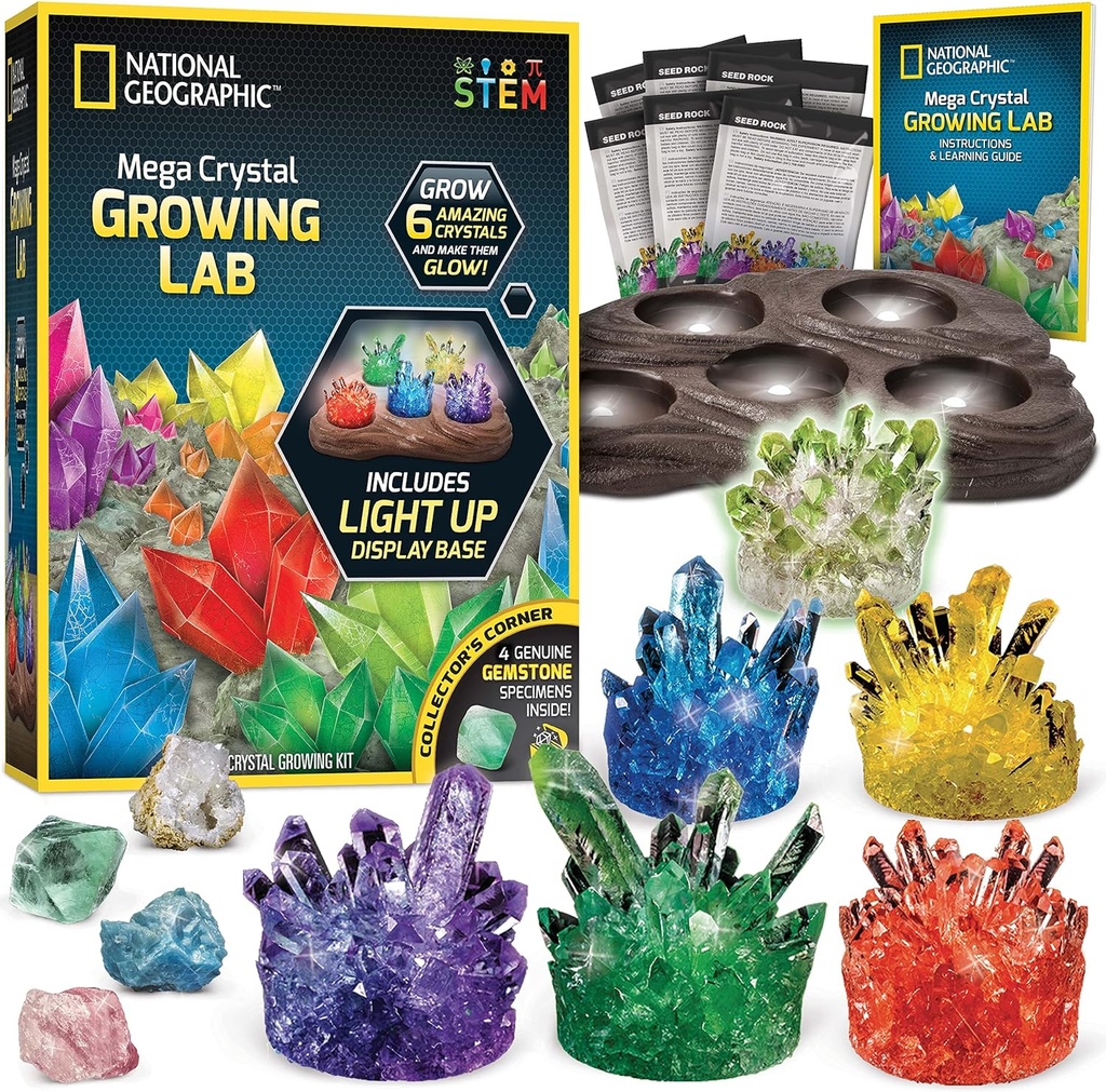 National Geographic Mega Crystal Growing Kit - Grow 6 Crystals with Light-Up Stand, Science Gifts for Kid 8-12