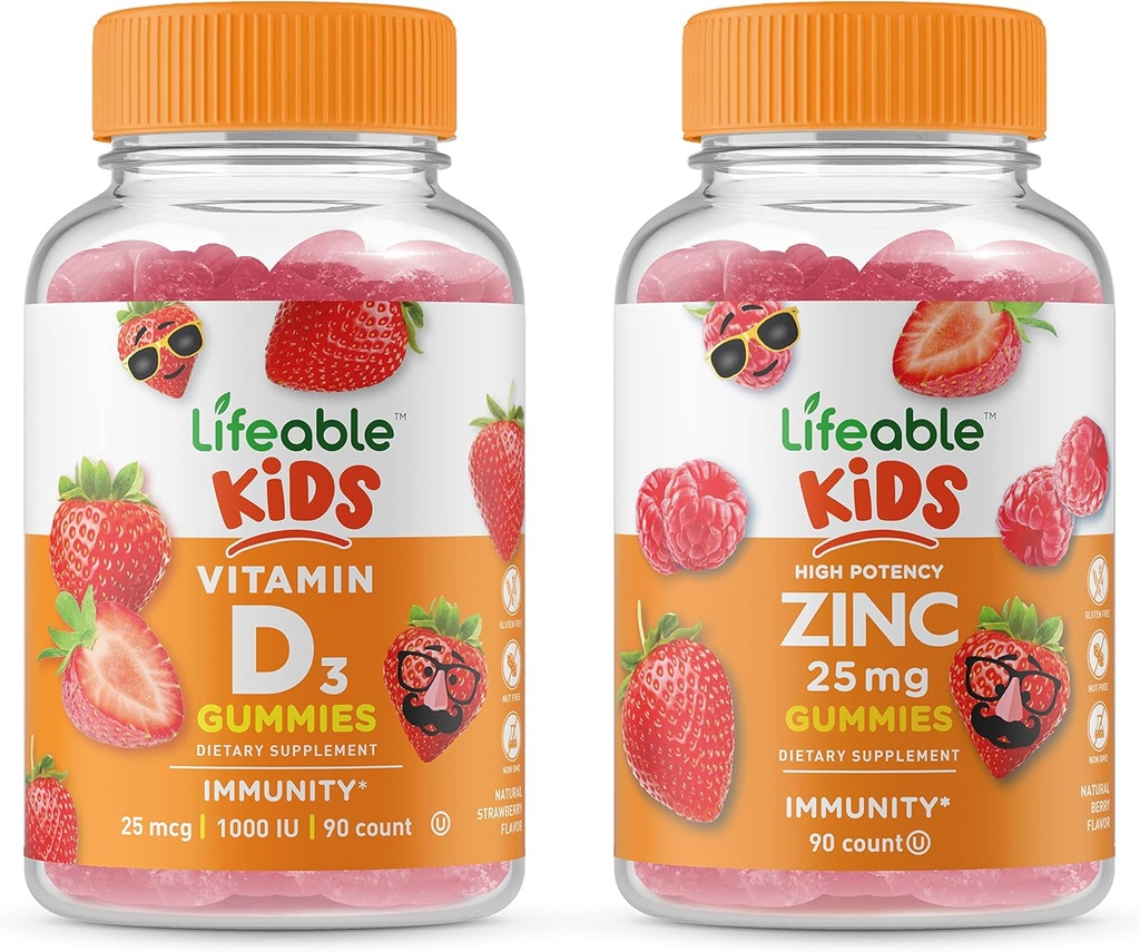 Lifeable Zinc 25mg Kids + Vitamin D Kids, Gummies Bundle - Great Tasting, Vitamin Suplemen, Gluten Free, GMO Bebas, Gummy Chewable