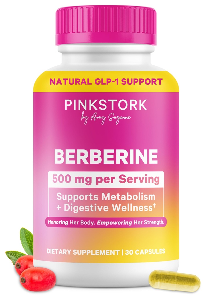 Pink Stork Berberine 500mg - Nature 's GLP-1 Suplemen - Daily AMPK Metabolic Activator - 500- 1000 mg Metabolisme + Gut Health for Women 124- Third Party Tested 124; Vegan 124; Non - GMO 1244; 30 Capsules