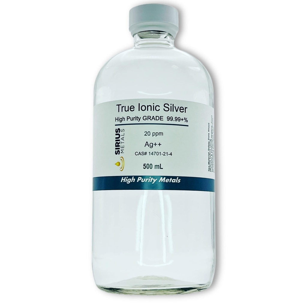 True Free Ionic Silver - 20 ppp: 500mL dalam Clear Glass Bottle