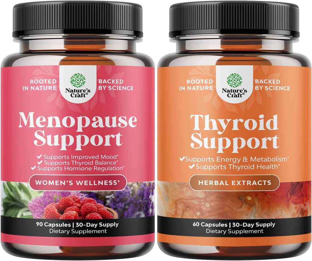 Bundle of Complete Herbal Menopause Supplement for Women for Night Sweats Mood and More with Dong Quai Vitex Chaste Berry and Herbal Thyroid Duplex Mood Enhancer Energy Suplemen Thyroid