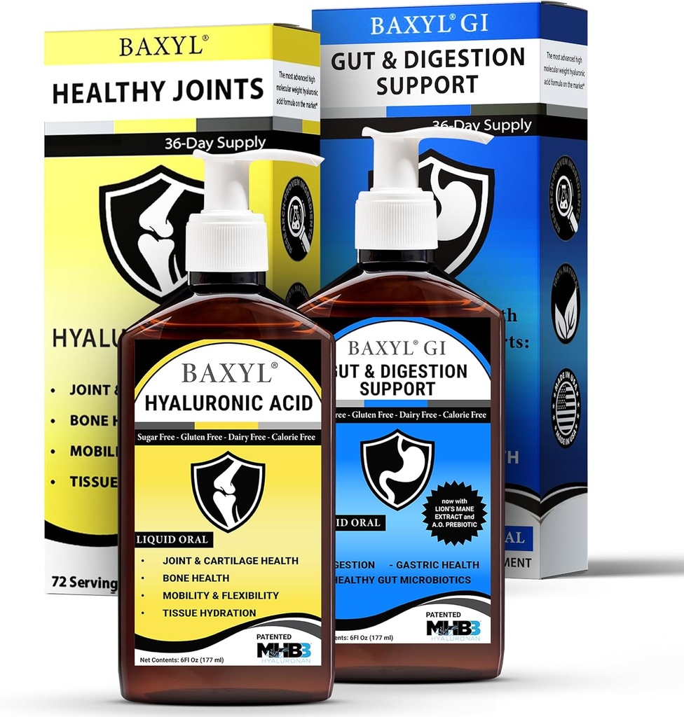 BAXYL & BayylGI Bundle - (6 fl oz Masing-masing) - Hyaluronic Acid Joint Supplement & Hylarunonan Amaferm Prebiotic Digeptical Suppplemen.