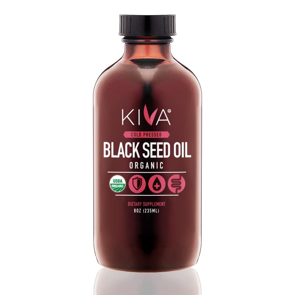 Kiva Organik Minyak Benih Hitam - Ultra Tinggi 3X Thymoquinone (TQ), Cold- Menekan, 100% Turki Nigella Sativa Minyak Benih, All- Natural Non-GMO Tambahan - Vegan, 8 oz (235 ml) Glass Bottle