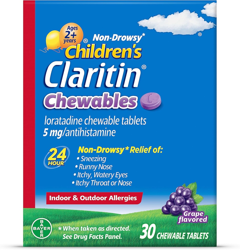 Anak-anak Claritin Chewables 24 Hour Relief Allergy, Obat Alergi Anak-anak Non Drowsy, Grape Antihistamin Palet Chewable, 30 Count