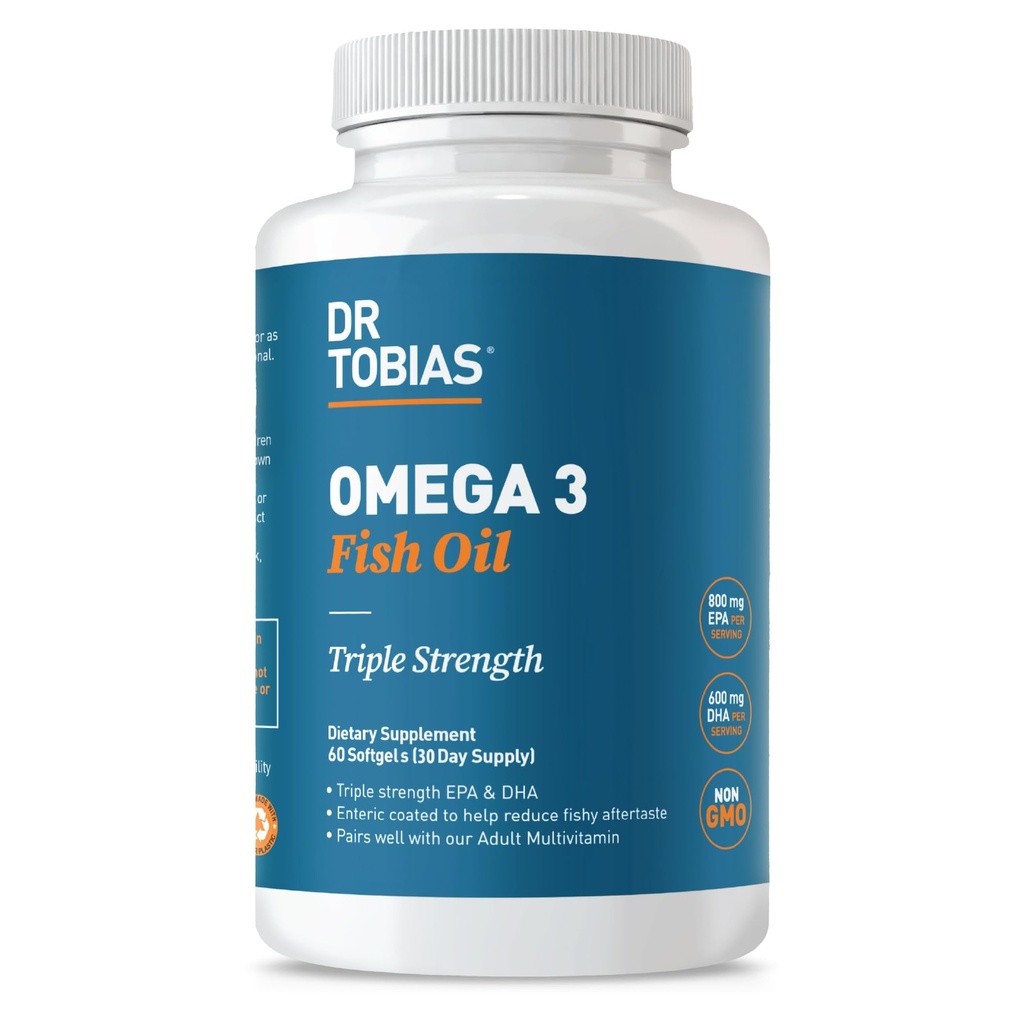 Dr. Tobias Omega 3 Minyak Ikan, 2000mg Triple Kekuatan dengan 800mg EPA 600mg DHA Per Serving, Persediaan Minyak Ikan Omega 3 untuk Hati, Otak & Imune Dukungan, 60 Softgels, 30 Servings