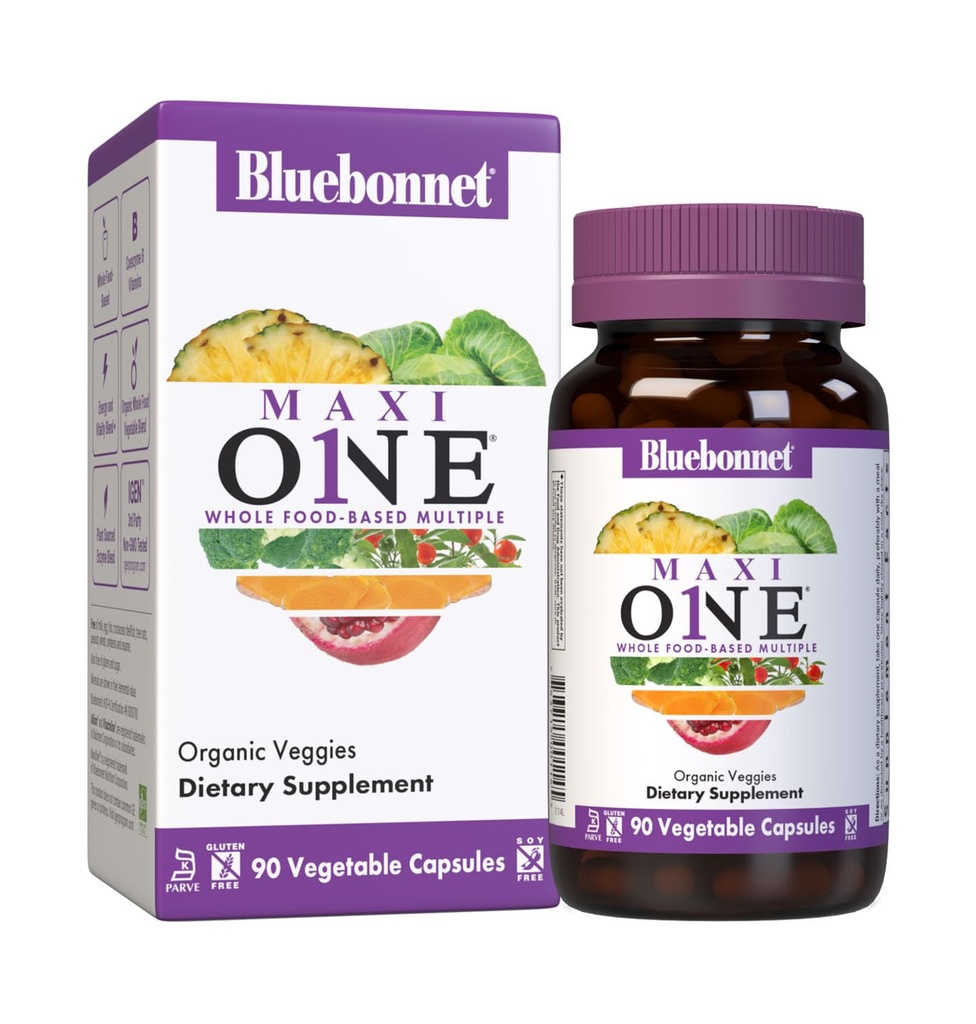 Bluebonnet Nutrition Maxi One (dengan Iron), Whole Food Multiple, Enzymes, Energy, Gluten- Free, Kosher, Dairy- Free, Soy- Free, None-GMO, 90 Vegetable Capsule, 3 Bulan Supply, Beige