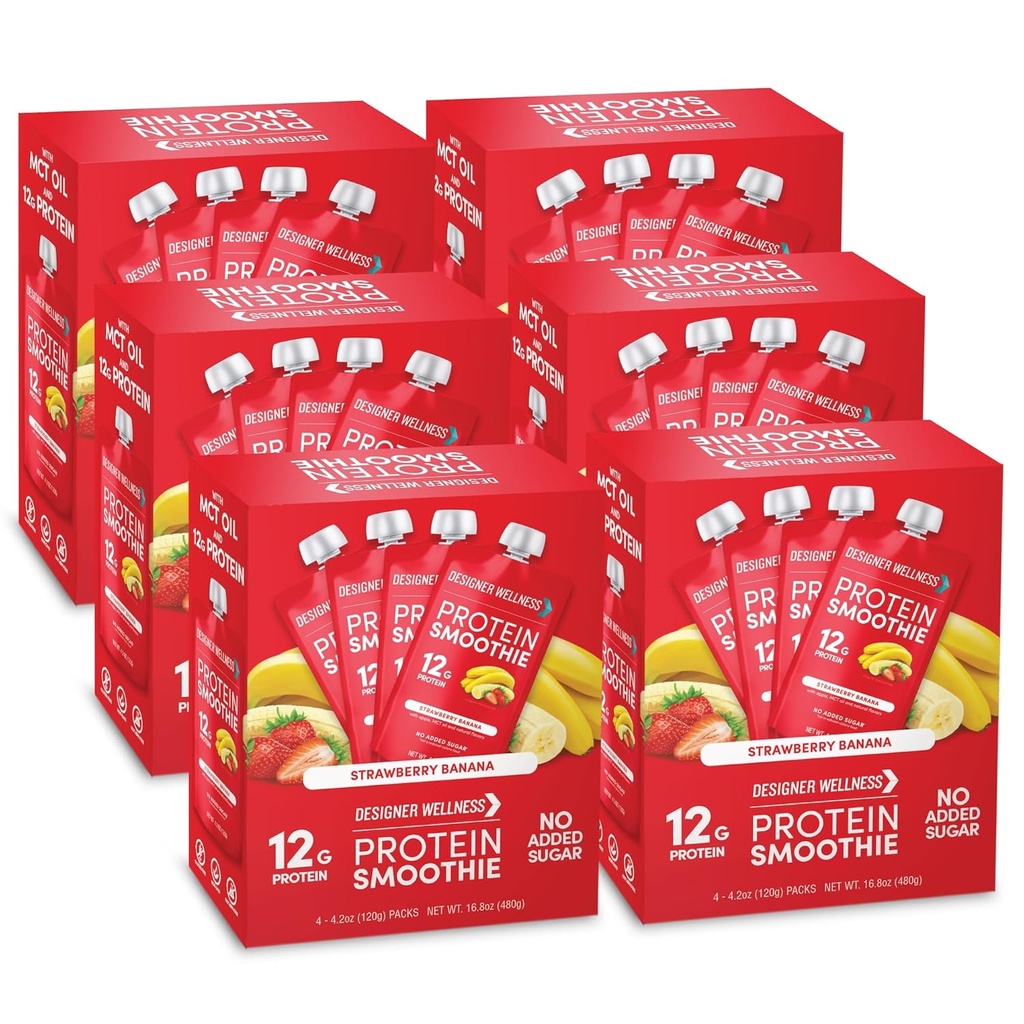 Designer Wellness Protein Smoothie, Real Fruit, 12g Protein, Low Carb, Zero Added Sugar, Gluten- Free, Non-GMO, Tidak Ada Warna Buatan atau Flavors, Strawberry Banana, 24 Count