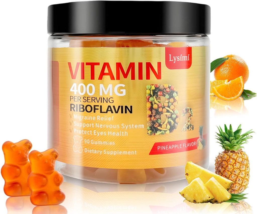 Gumi Vitamin B2, Vitamin B2 Riboflavin Gummies 400mg dengan Magnesium & Coq10, Migraine Relief & Headache, untuk Anak-anak & Dewasa, 90 Chewable Gummies (1)