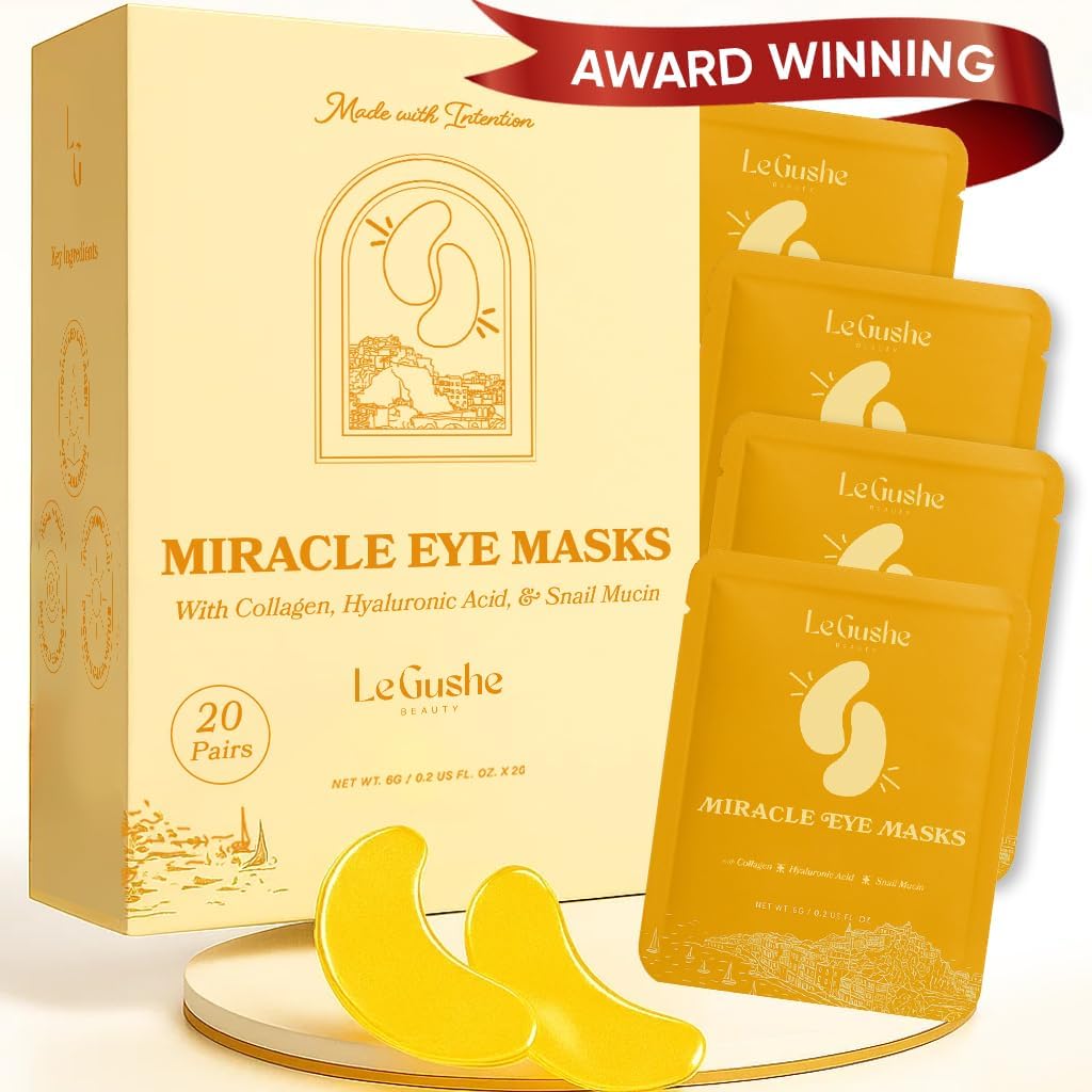 Le GUSHE Gold Under Eye Patches for Puffy Eyes and Dark Circles (20 Pairs) - Hydrating Collagen Under Eye Masks with Snail Mucin - Perawatan Mata Puffy & Men - Bridesmaid Gifts