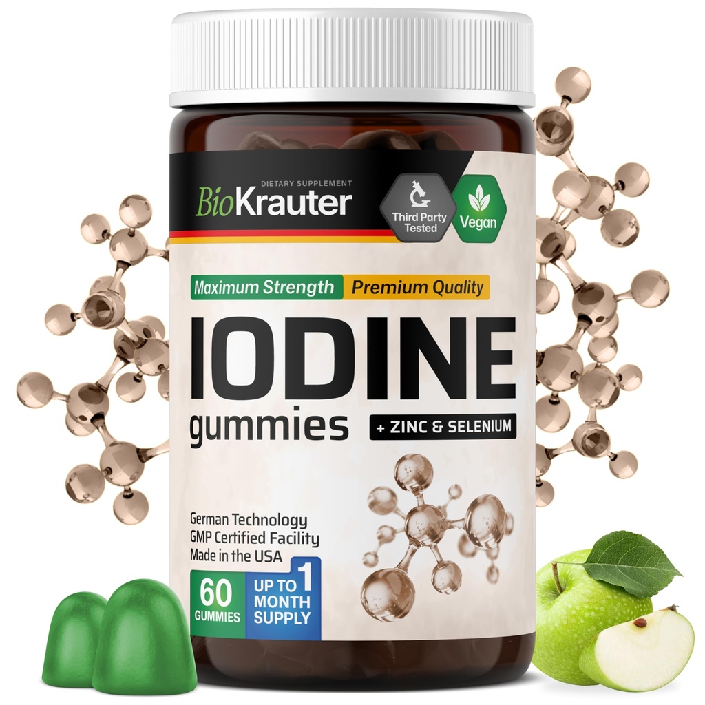 BIO KRAUTER Iodium Gummies - 60 Vegan Chews - 250 mcg Potasium Iodide - Iodium Suplemen dengan Selenium Zink - Apple Flavor, Pectin- berbasis Chews