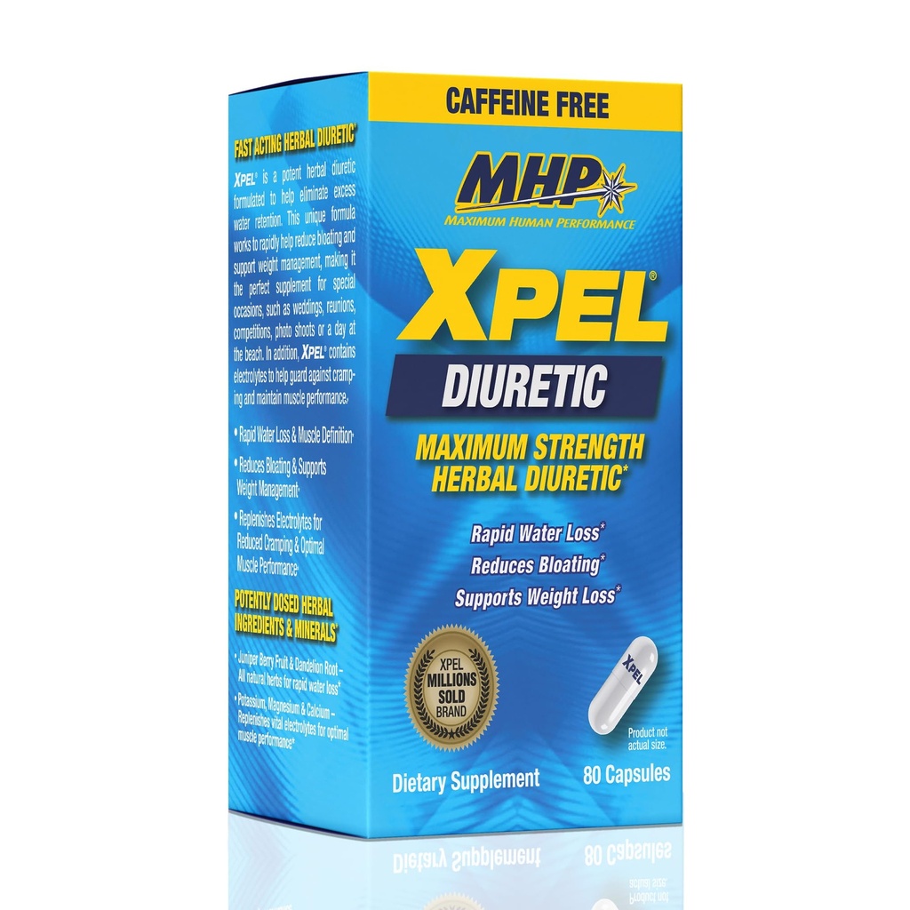 MHP Xpel Maksimum Kekuatan Diuretic Water Pills, untuk Relief Retensi Air, Caffeine- Bebas dengan Vitamin B-6 Potasium Dandelion Root, 80 Kasules