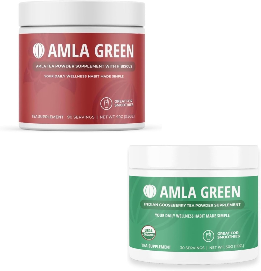 Amla Powder & Green Tea Superfood Supportion Suplement, Antioksidan Dukungan, Dibuat dengan Hibiscus (90 Pelayan) & India Goseberry (30 Pelayan), Organik, Vegan