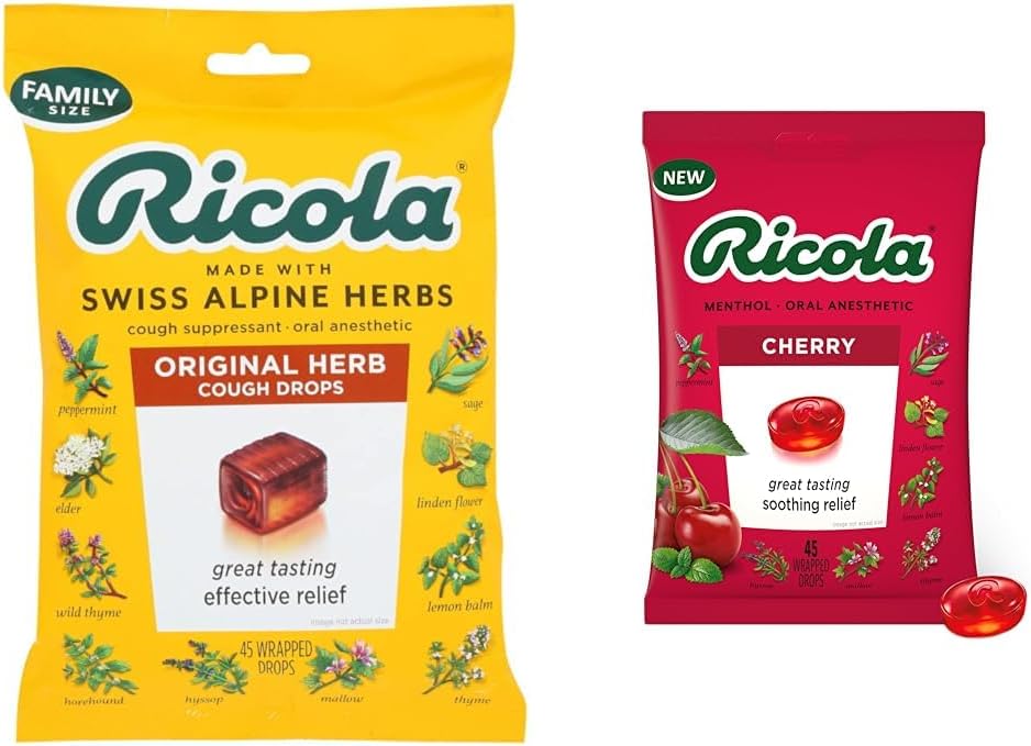 Ricola Original Natural Herb Cough Suppresant Throat Drops, 45 Drops, Fights Coughts Natural, Soothes Throat Throats Relief & Cherry Throps, 45 Count