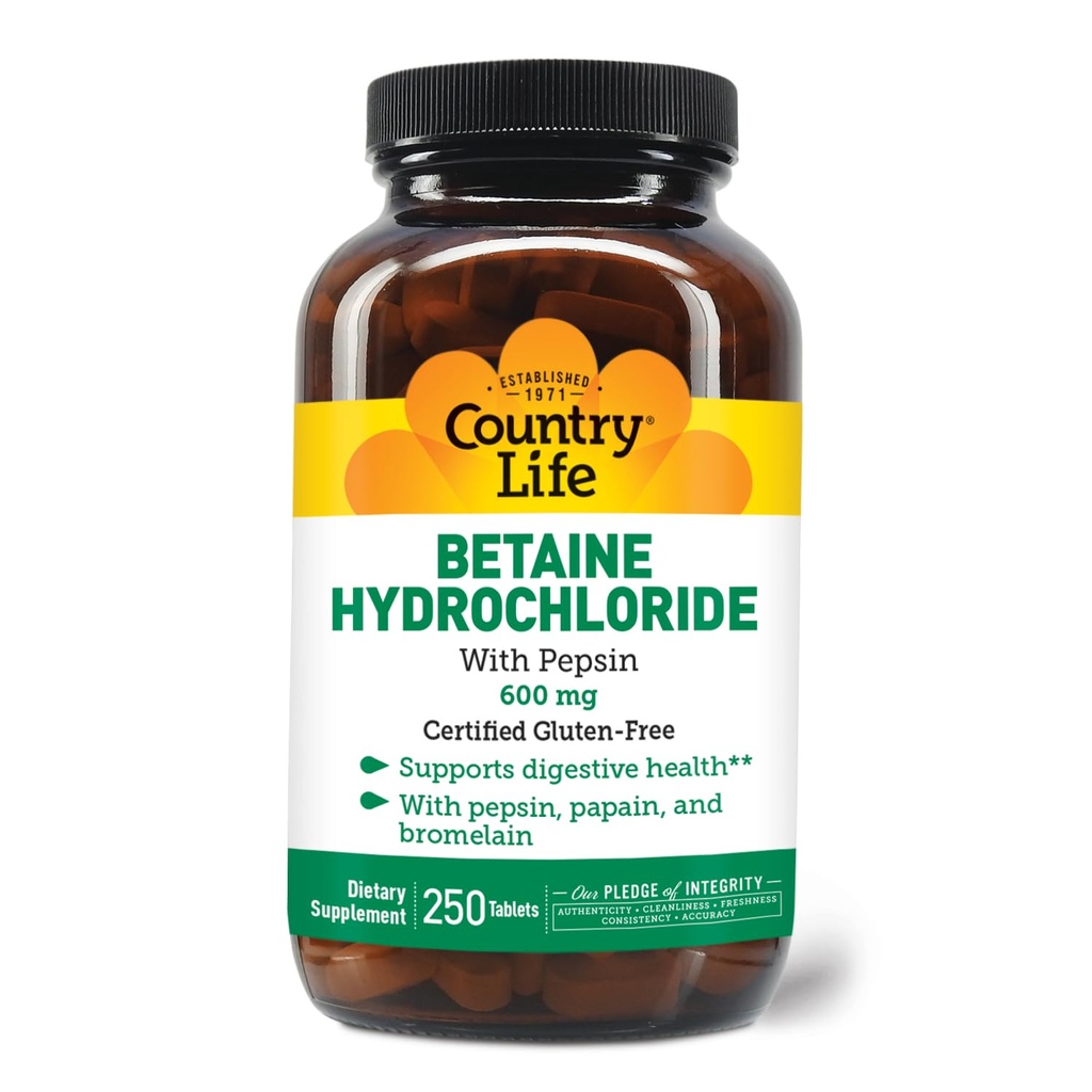 Country Life Betaine Hydrochloride dengan pepsin 600 mg - 250 tablet