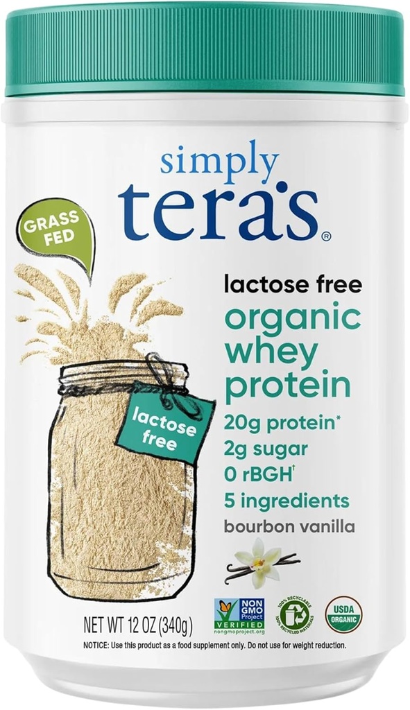 hanya tera Laktosa Free Organic Whey Protein Powder - Laktosa Free, Vanilla, 20g Protein Per Serving, Non-GMO, Gluten- Free, rBGH-Free, Kosher - 12 Oz.