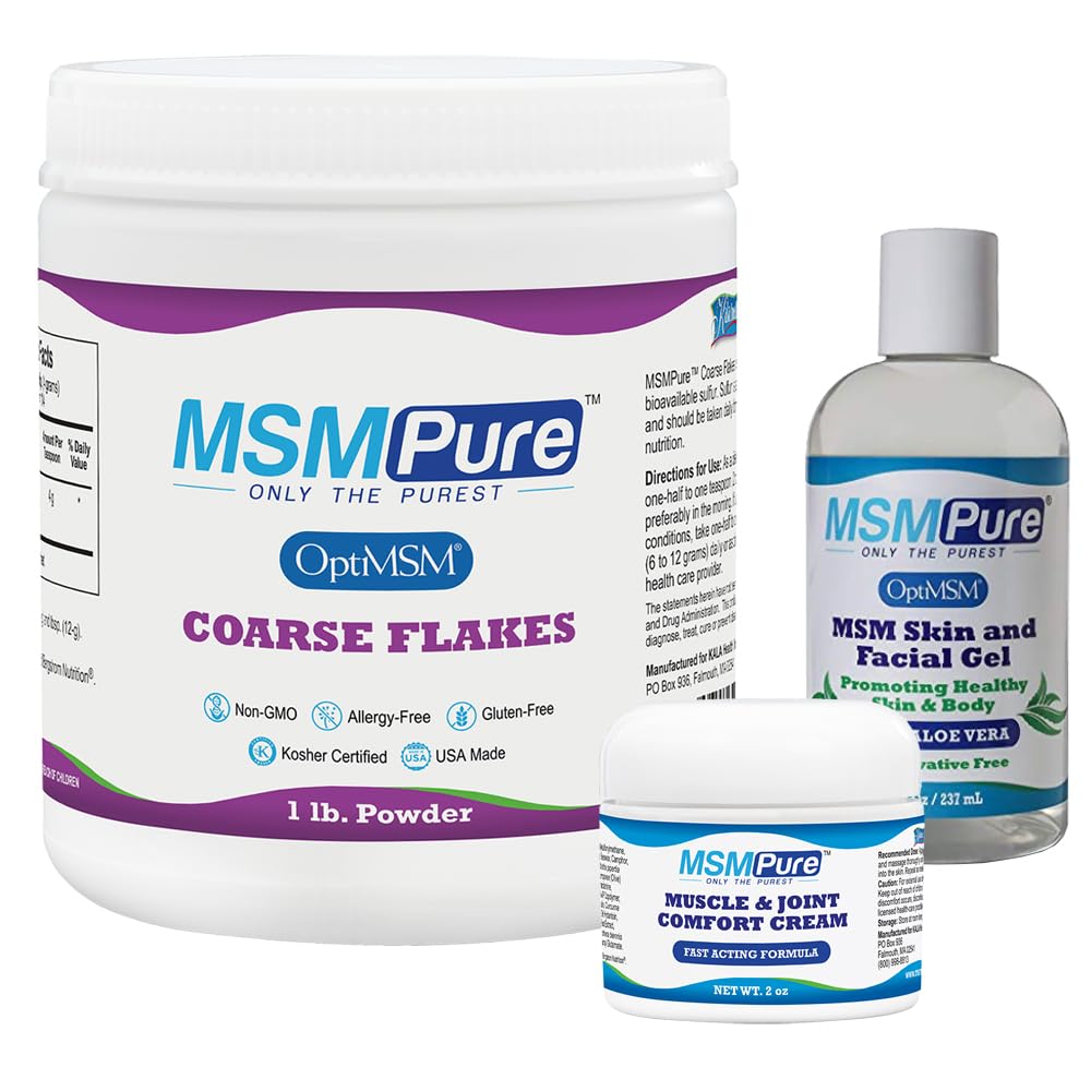KALA HEALTH MSMPure Stardle dengan MSM Coarss Flakes 1lb, MSM Muscle & Joint Cream 2oz dan MSM Geel dengan Organik Aloe 8oz