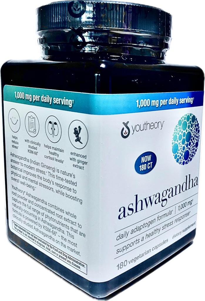 Suplemen Ashwagandha Generik Organik KSM-66 Ashwagandha Vegetarian Tambahan 180 Kapsul, 100mg per Daily Serving, Bantuan Mendukung Respon Manajemen Stres Sehat, Pearl White