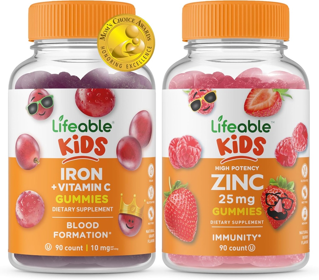 Lifeable Iron & Vitamin C Kids + Zinc 50mg, Gummies Bundle - Great Tasting, Vitamin Suplemen, Gluten Free, GMO Bebas, Gummy Chewable