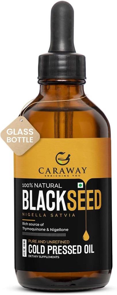 Carear Black Seed Oil - Cold Press Nigella Sativa Oil - Pure dan Unsoured - Rich in Thymoquinone for Immune Support, Hair and Skin Care 124; Glass Bottle