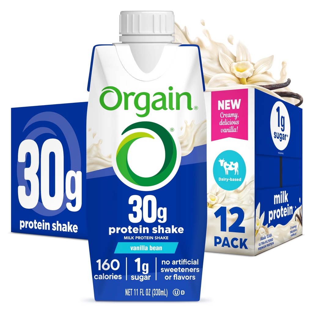 Orgain 30g High Protein Shake, Dairy Isolate Milk Protein, Vanilla Bean, 5g BCAAs, 1g Sugar Per Serving, Meal Replacement, Replace, Reset, Keto Friendly, Gluten- Free 11 Fl Oz (Paket 12)