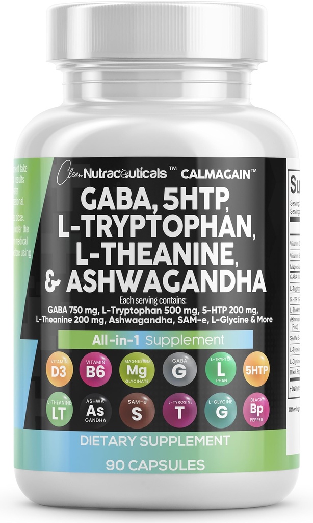 Bersihkan Nutraceuticals GABA 750mg 5 HTP 200mg L Tryptophan L Theanine 200mg Ashwagandha SAM-Glycine - Mood Dukung Vitamin for Women with L-Tyrosine 5- HTP (5-Hydroxyptopphan)