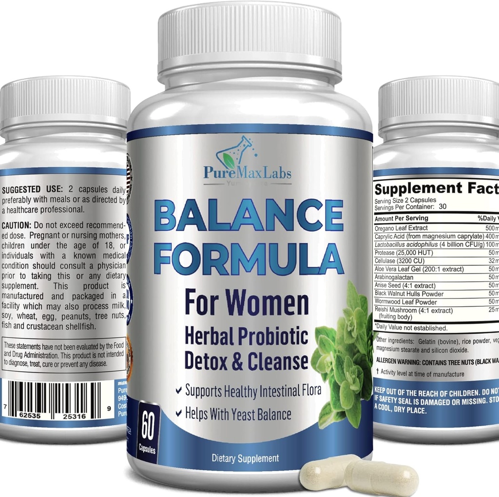 Kompleks Keseimbangan untuk Perempuan - untuk Kesehatan Vaginal, Detox Herbal & Cleanse, Provinsi Vaginal, Mendukung Intestial Flora Sehat, Membantu Infeksi Kerendahan 60 Kapsul