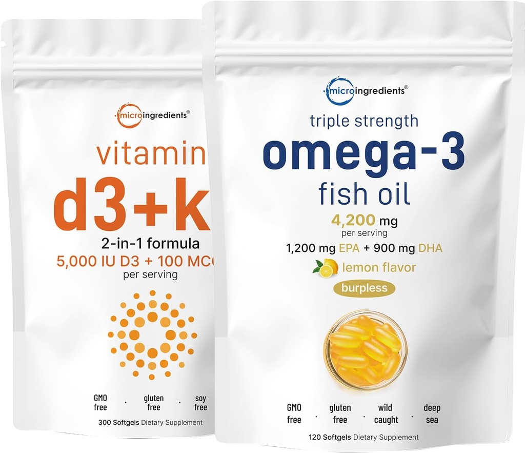 Mikro Ingrediens Vitamin D3 500iu + K2 100mcg Softgels & Oil Ikan -3 120 Softgels Bundle 2 Pack 124; Escery Sunshine Vitamin 124; WildderCaught Fish, Lemon Flavored, Burpless
