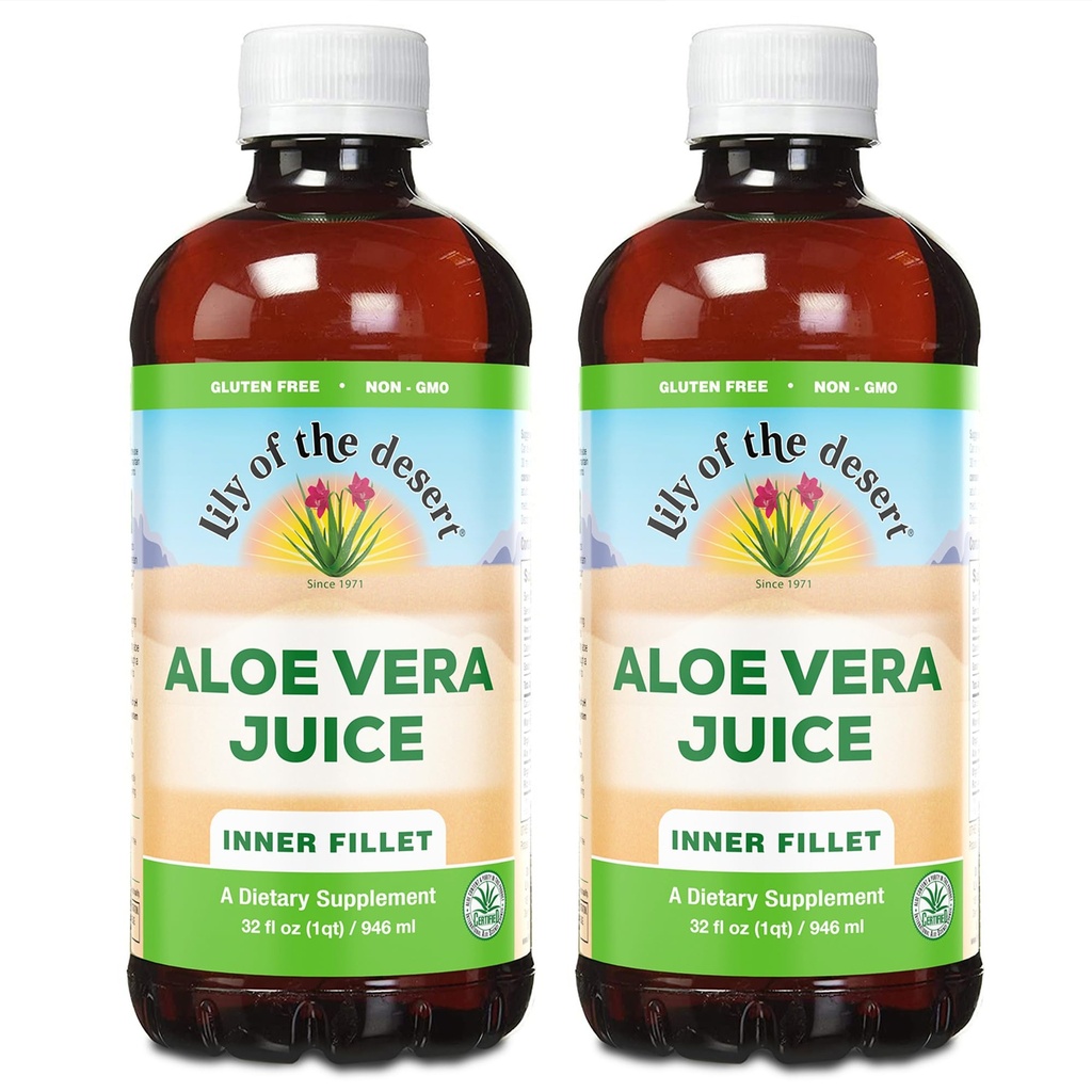 Lily of The Desert Organic Aloe Vera Juice 2-Pack - Inner Fillet, Natural Gut & Digetical Duption, Stomach Relief, 32 Fl Oz Ea