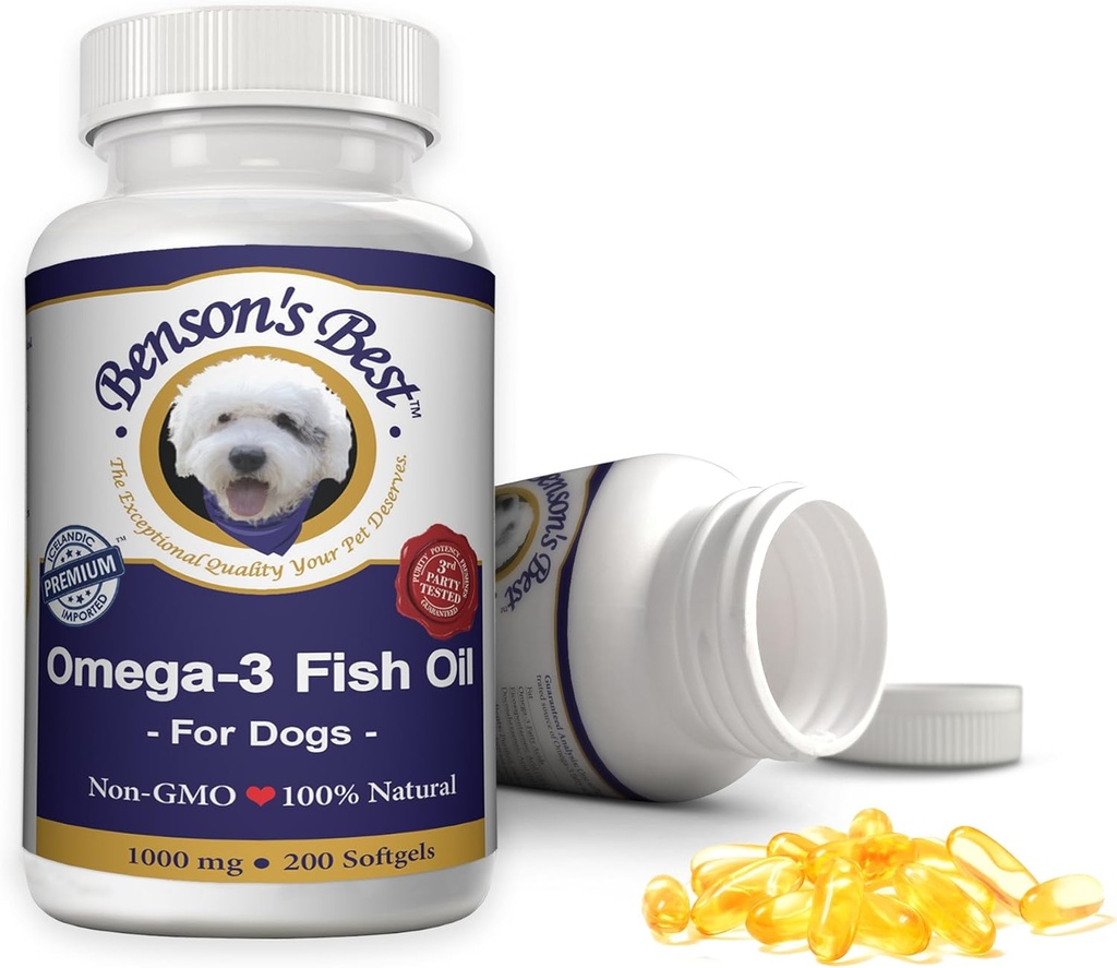 Minyak Ikan Terbaik Benson Omega 3 untuk Anjing - Menyediakan 43% Lebih Omega 3 Fatty Acids Daripada Salmon Oil - 200 Softgels 1000 mg - 100% Murni, Non-GMO, Pet Natural Food Dog Oil Suplemen